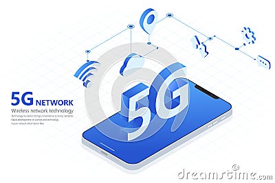 5G wireless network technology vector illustration, big letter 5G and smartphone isometric, mobile internet concept, digital servi Vector Illustration